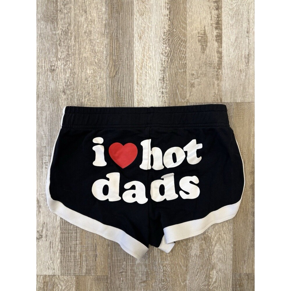 Black athletic booty shorts bold white “I LOVE HOT DADS” graphic Size Large